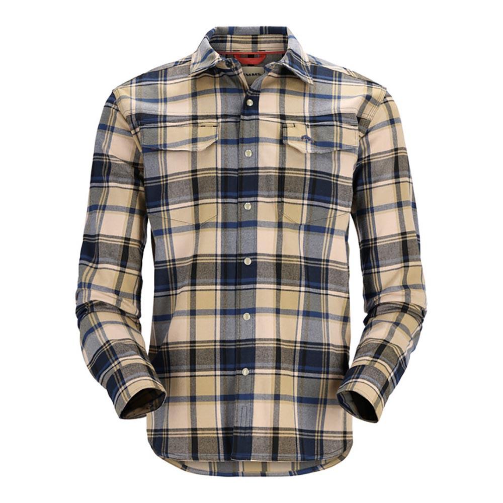 Simms Gallatin Flannel Long Sleeve Shirt Men's in Camel and Navy Woodsman Plaid